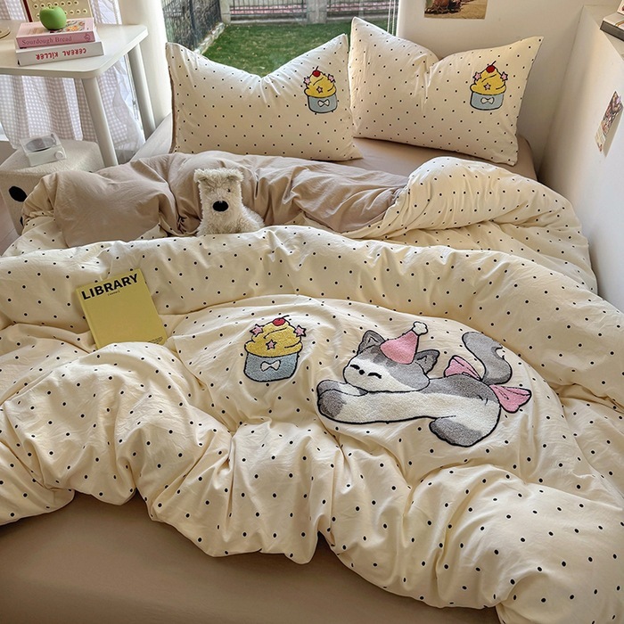 クラスA インタオル刺繍 ウォッシュドコットン 4点セット 漫画 かわいい 掛け布団カバー スーパーソフトベッドシーツ 大学生用ベッドシーツ 3点セット|undefined