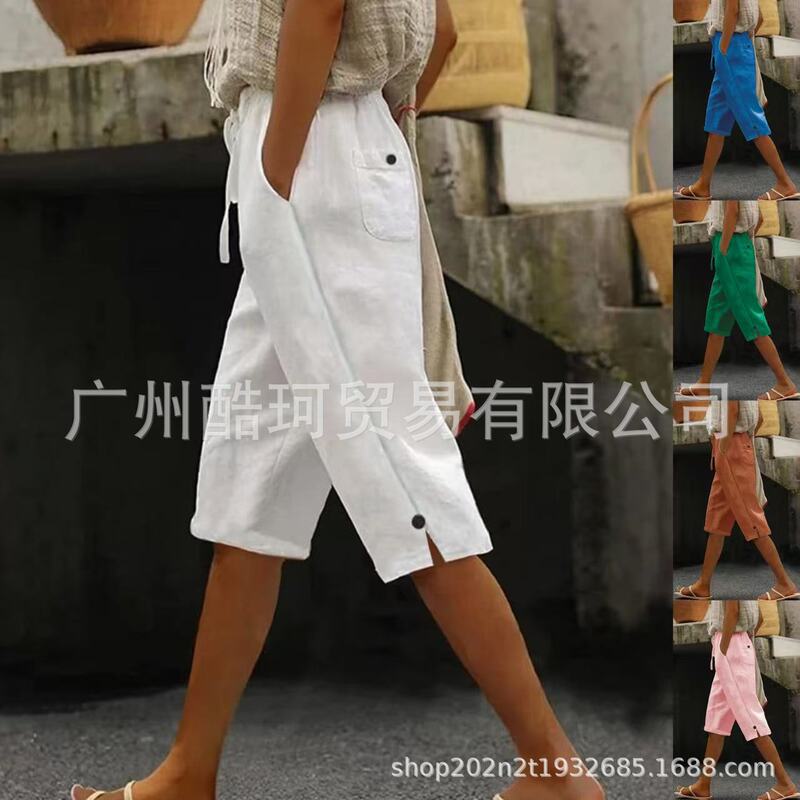 European and American Cross-Border Spring and Autumn New Women's Pants, Cotton and Linen, Solid Color, Fashionable Casual Daily Wear, Side Pockets, Drawstring, Elastic Waist, Cropped Pants European and American Cross-Border Spring and Autumn New Women's Pants, Cotton and Linen, Solid Color, Fashionable Casual Daily Wear, Side Pockets, Drawstring, Elastic Waist, Cropped Pants