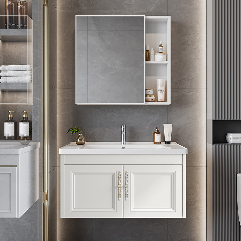 Balcony Laundry Sink and Basin Integrated Space Aluminum Bathroom Cabinet Set, Frosted White Wall-Mounted Washbasin