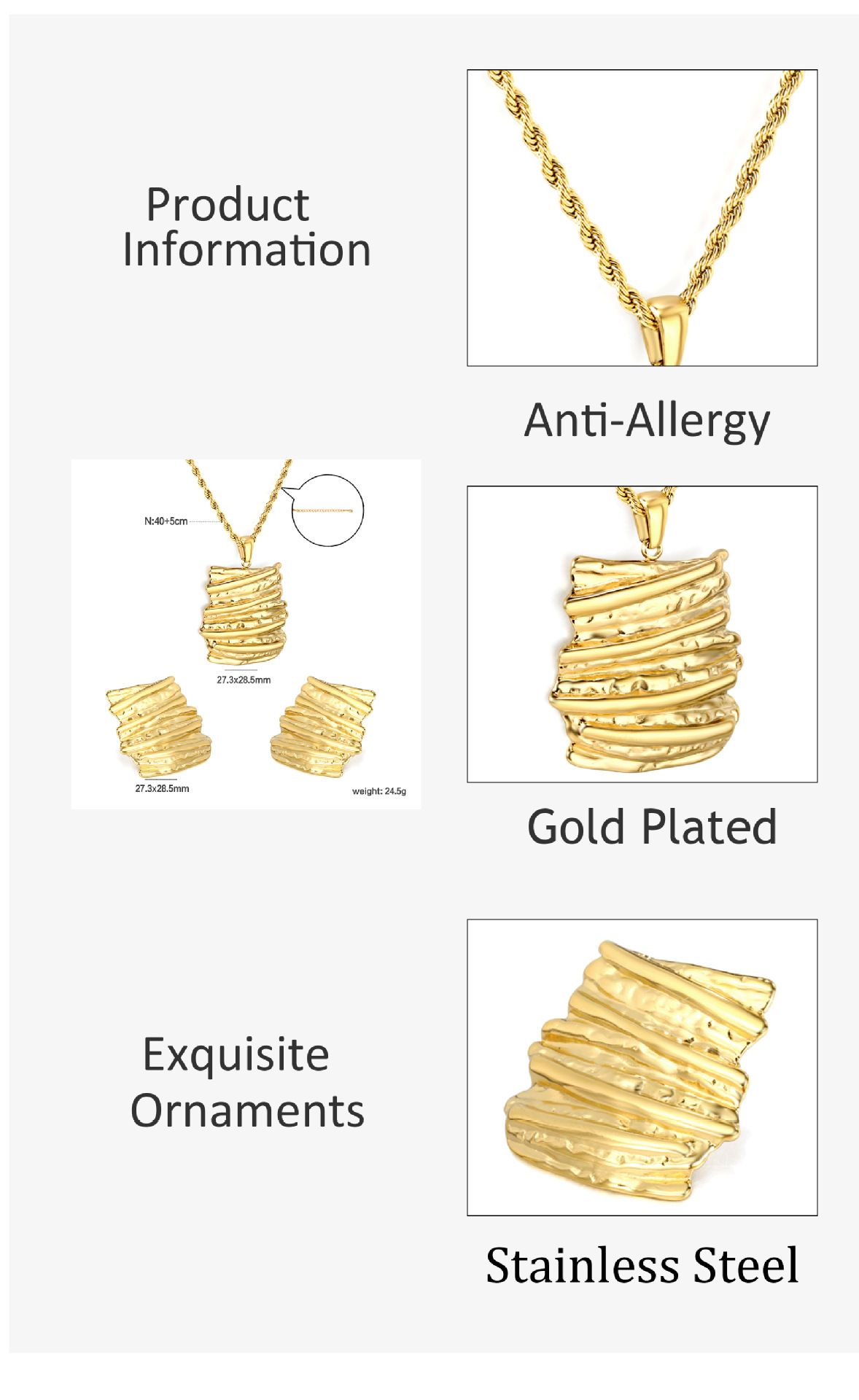 All Seasons Season Wholesale Jewelry Elegant Vintage Style Irregular Bark 304 Stainless Steel Plating Twisted Rope Chain Earrings Necklace Jewelry Set