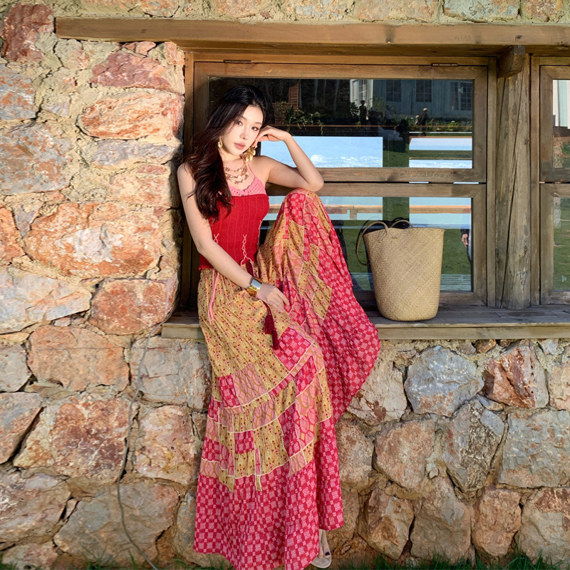 2025 Xinjiang Travel Ethnic Style Multi-Layer Color-Blocking Patchwork Slimming Wide-Leg Pants Floor-Length Trousers