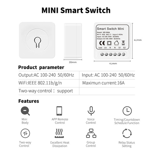 Doodle WiFi Smart Mini 16A Switch Control Light Appliance On/Off with Traditional Switch Dual Control