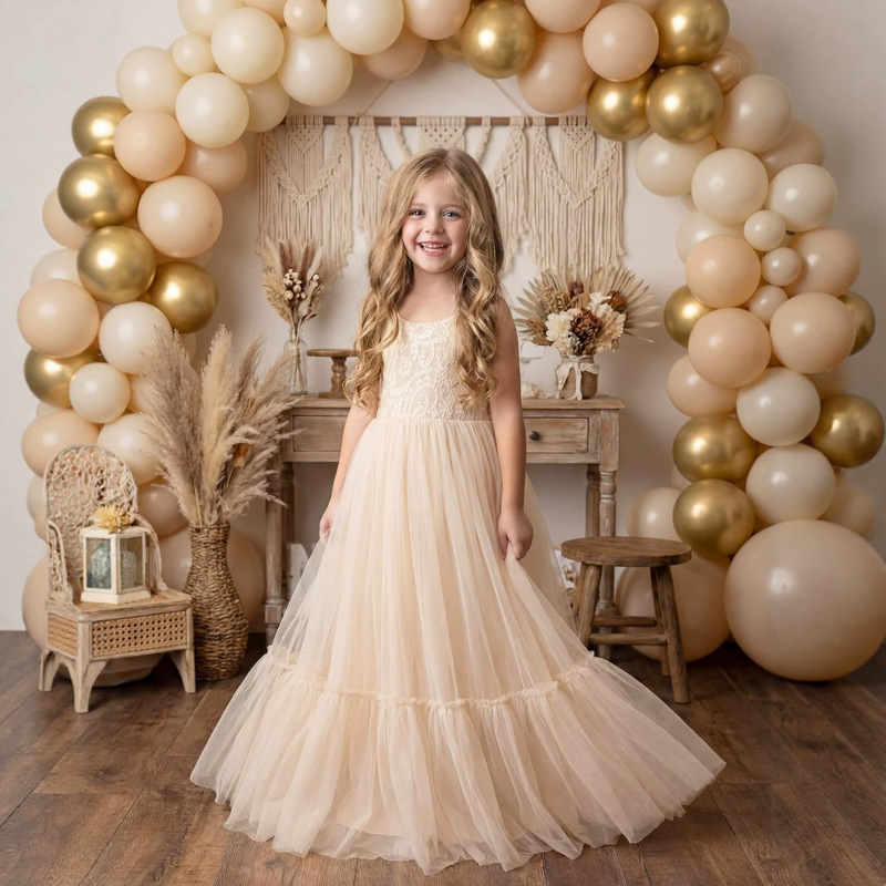 Lace Strap Children's Long Evening Dress with Mesh Skirt for Girls, Flower Girl Wedding Birthday Show Princess Dress Lace Strap Children's Long Evening Dress with Mesh Skirt for Girls, Flower Girl Wedding Birthday Show Princess Dress