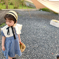 Korean girl's grid dress simple style stand-up collar baby skirt summer new Korean version little girl princess dress