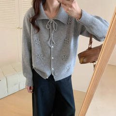 甜美少女风Polo领绣花针织开衫秋冬款韩系简约百搭减龄针织衫上衣