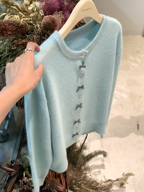 法式小香风蓝色针织开衫外套女春秋蝴蝶结毛衣外穿浣熊绒软糯上衣|undefined