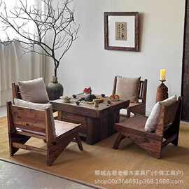 老榆木围炉煮桌户外火锅桌阳台烧烤野餐露营桌实木庭院休闲喝茶桌