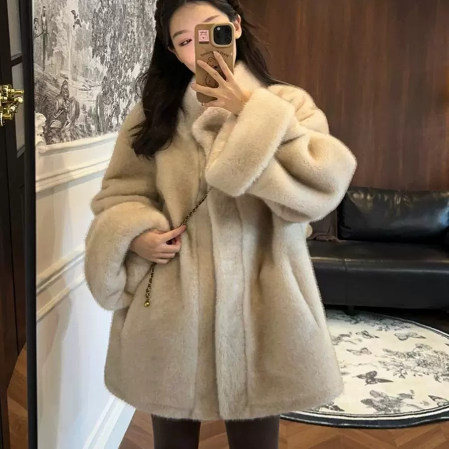 2025冬季新款韩版中长款立领挽袖中古貂毛宽松环保皮草女毛毛外套