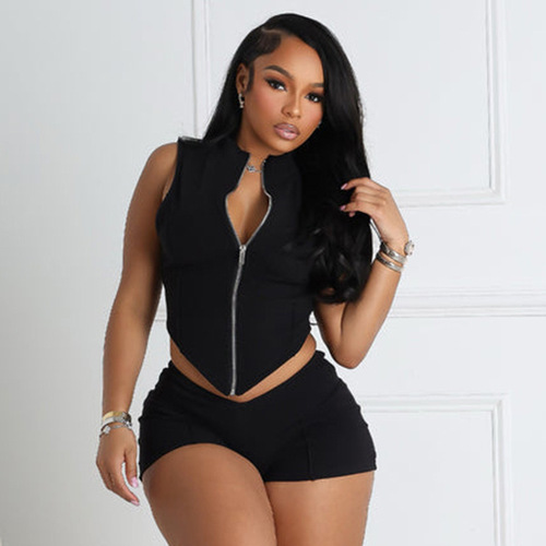 Women's European and American Cross-Border 2025 Summer New Solid Color Zipper Slimming Bust-Baring Top High-Waisted Tight Shorts Set