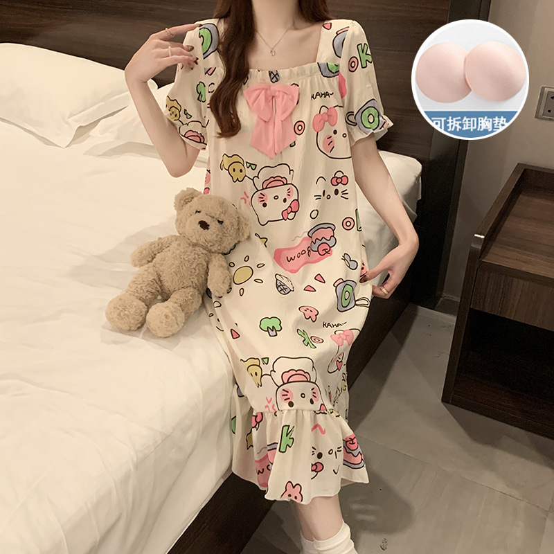 2025 verano nuevo hogar ropa de mangas cortas pijama de niñas cuello cuadrado de encaje dulce nube de algodón cojín de pecho pijama