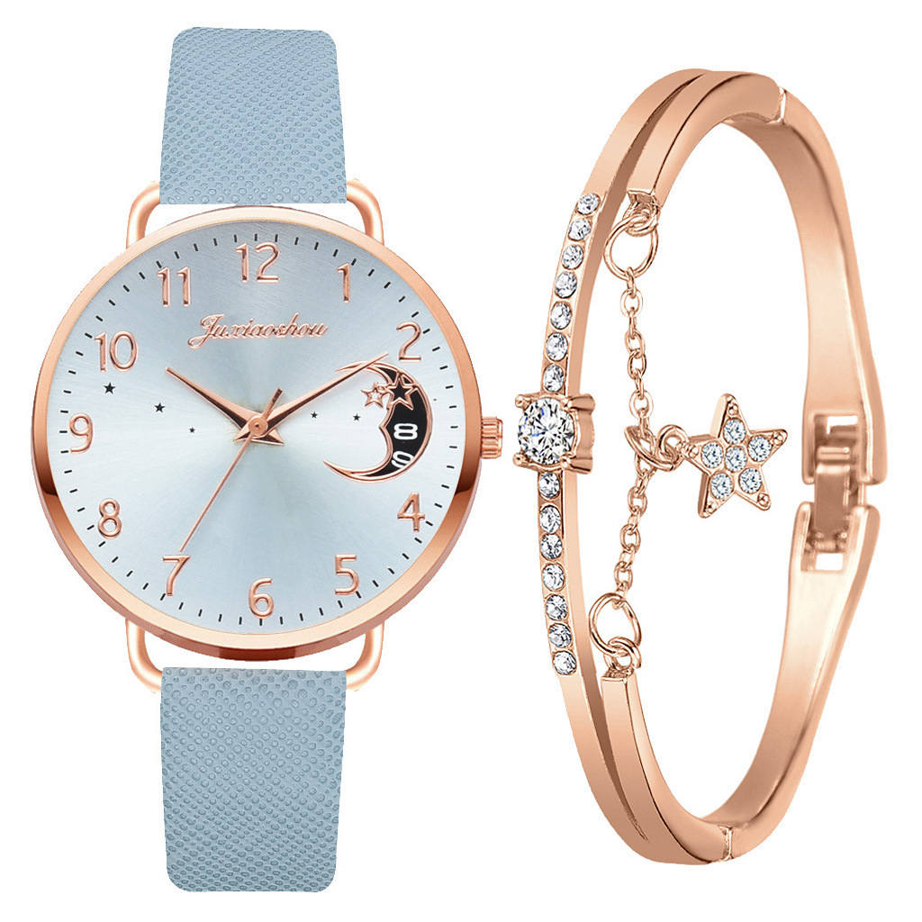 new hot women's personality quartz watch set Pu with moon pattern dial with calendar_voghion.com