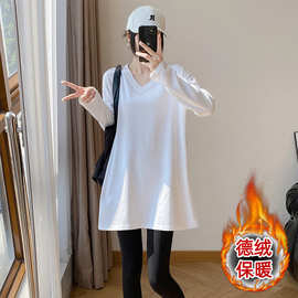 2025秋冬季新款V领显瘦遮肉中长款德绒宽松长袖上衣下衣失踪T恤女