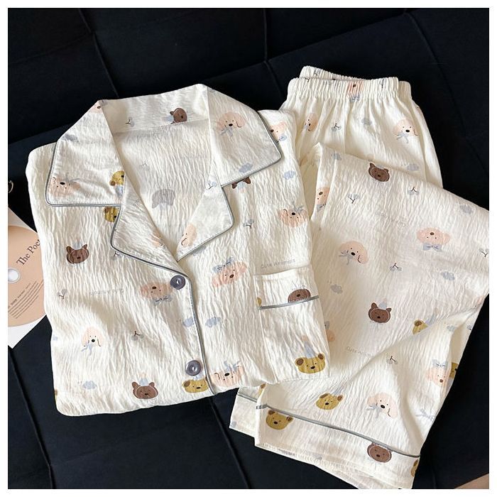 Venta al por mayor transfronteriza nuevo pijama de algodón de nube cárdigan de dibujos animados para mujer pantalones lindos de manga larga traje de servicio a domicilio de primavera y otoño