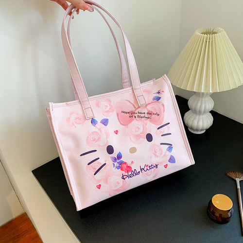 Mist Flower KT Cat PU Shoulder Backpack Pink Girly Heart Handbag Flower Pattern Large Capacity Commuting Mommy Bag