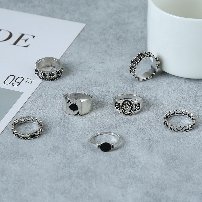 hot selling jewelry Fashion hollow love simple atmosphere dark retro spade love ring 7 piece set_senzul.com
