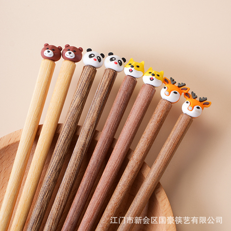 家用儿童筷子实木短筷鸡翅木筷子无漆木筷卡通动物硅胶宝宝筷子