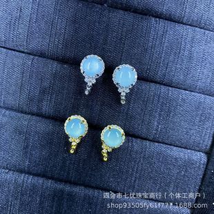 Factory direct s925 sterling silver blue water round earrings earrings emerald egg silver dangerous inlay finished wholesale