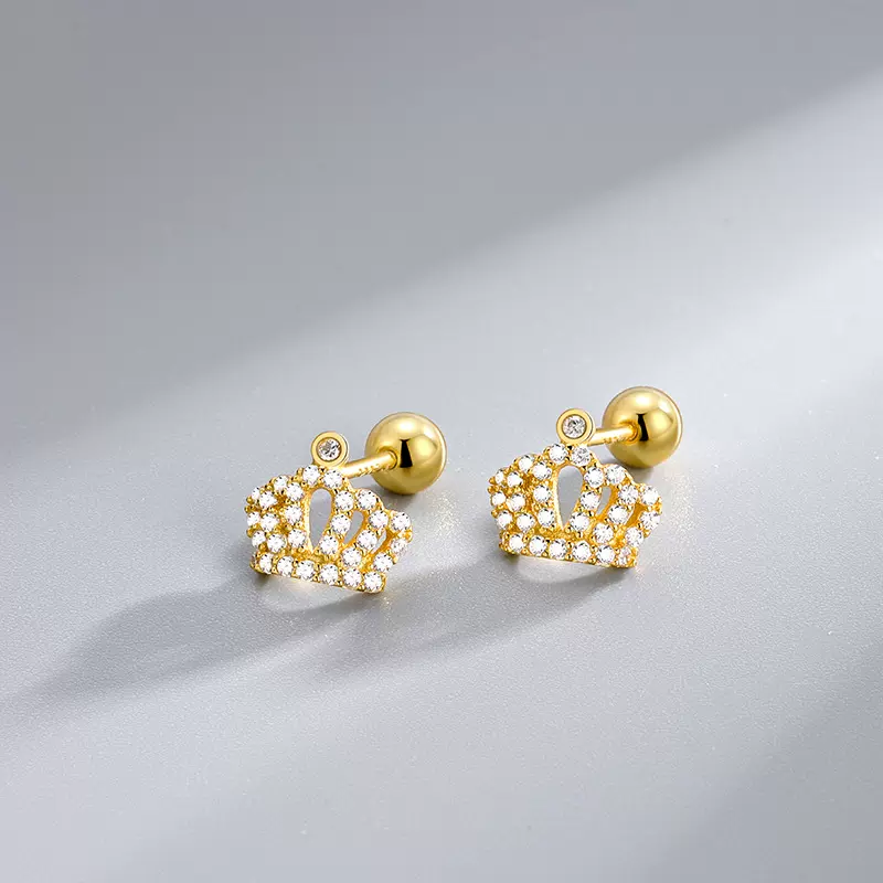 S925纯银镶钻镂空皇冠螺丝针球堵耳钉2023新款简约养耳洞免摘耳饰