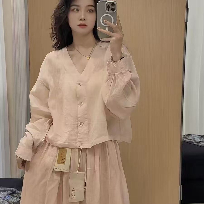 Solid Color Ramie Long-Sleeve Cardigan Jacket 2026 Artistic Simple V-Neck Single-Breasted Lightweight Versatile Casual Top for Women