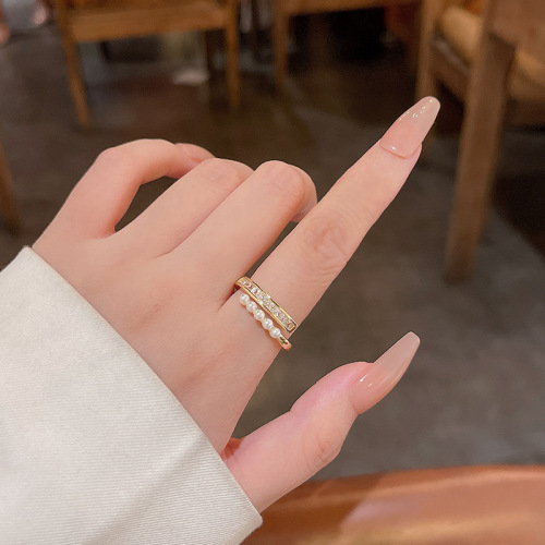 Light luxury niche micro-paved zircon double-layered pearl ring for women ins trend cool style internet celebrity same style index finger ring