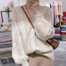 秋冬新款上衣女慵懒风欧洲站欧货V领针织衫麻花毛衣女秋冬女装潮