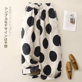 2025冬季女装新款韩版圆点松紧腰宽松夹棉保暖阔腿裤棉裤女