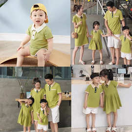 亲子装夏装新款一家三口母子polo衫母女连衣裙领三角爬服包屁衣服