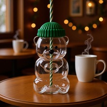 小熊吸管杯网红高颜值水杯家用果汁饮品杯可爱小熊玻璃杯