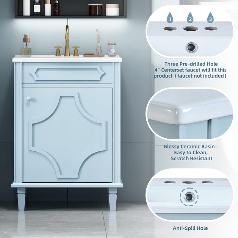 Small Bathroom Stand-alone Cabinet Sink Blue Small Space with Flower-shaped Carved Lines Hidden Adjusting Rack