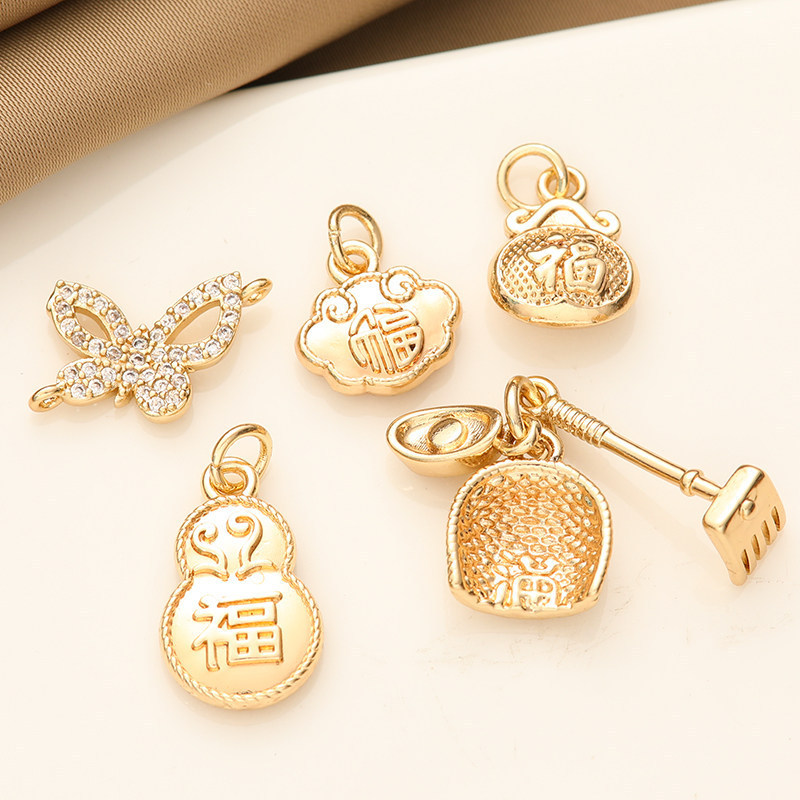 14K Gold-Plated Color-Preserving Zircon-Inlaid Fortune Character Pendant DIY Handmade Beaded Bracelet with Ingot and Lucky Bag Charms 14K Gold-Plated Color-Preserving Zircon-Inlaid Fortune Character Pendant DIY Handmade Beaded Bracelet with Ingot and Lucky Bag Charms