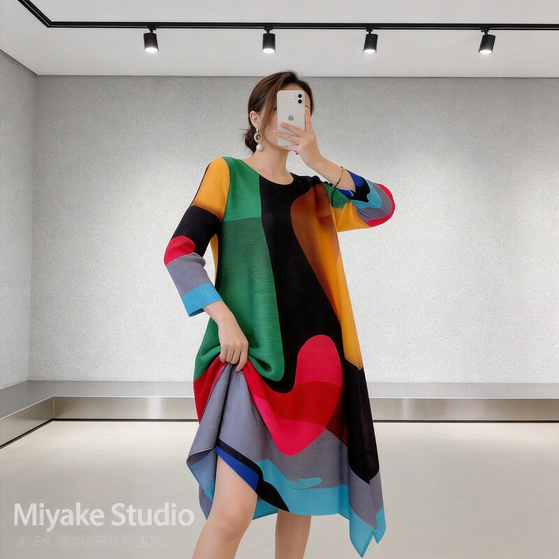 2026 Summer Design European and American Fashion Miyake Pleated Printed Dress Women's Plus Size Pleated Skirt