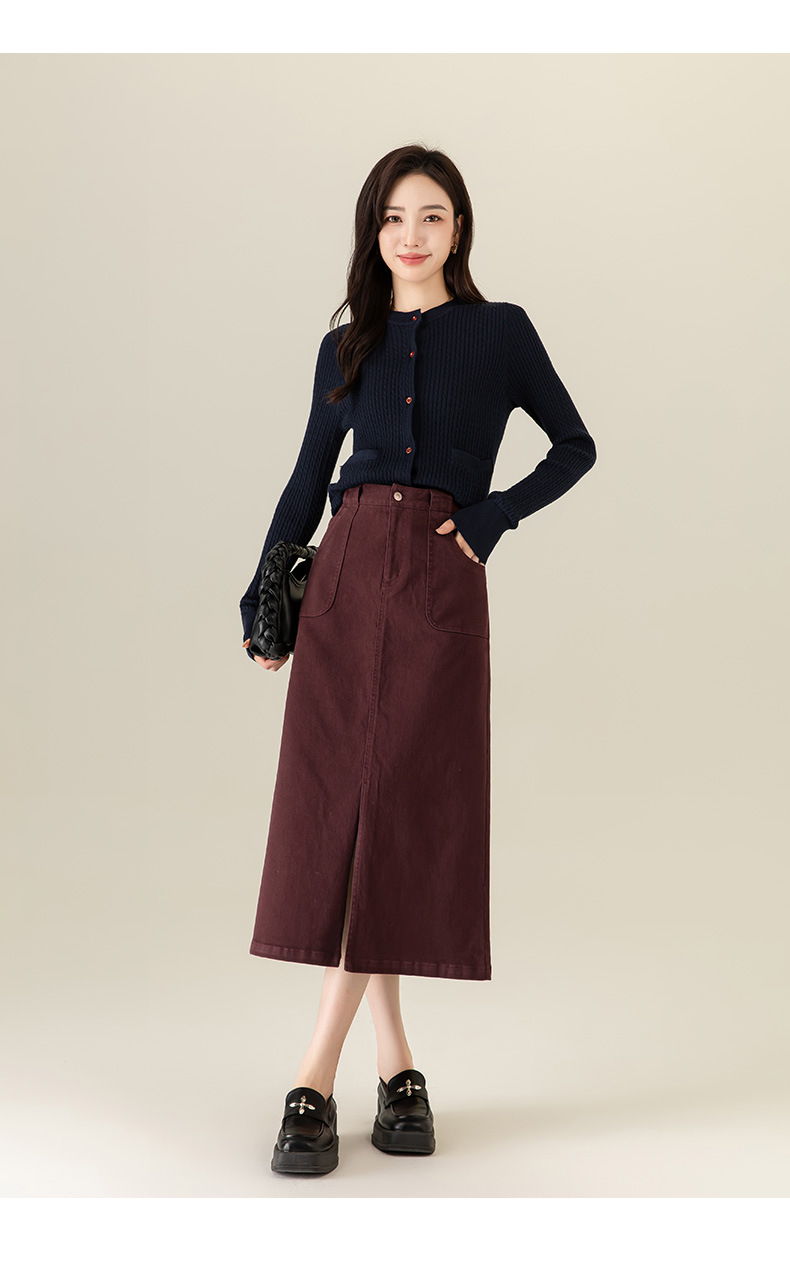 Váy denim đỏ nữ dài trung bình, cạp cao, xẻ tà, dáng thẳng — Màu đỏ Angora chi tiết 27
