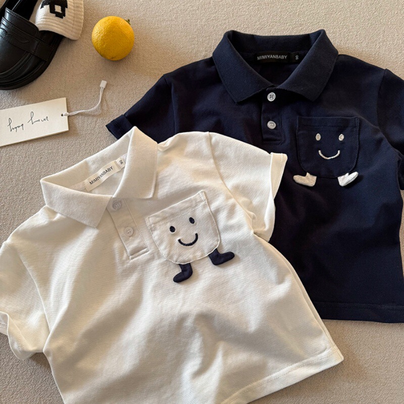Children's Smiley Face Polo Shirt for Boys 2026 Summer New Style Small and Medium-Sized Kids Pocket Top Trendy Baby Short-Sleeve T-Shirt Wholesale