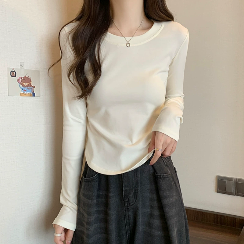 Осенне-зимняя новая женская рубашка с начесом с круглым вырезом, внутренняя и верхняя одежда, маска, топ, Высокоэластичный, длинный рукав, похудение, простой, подходящий ко всему