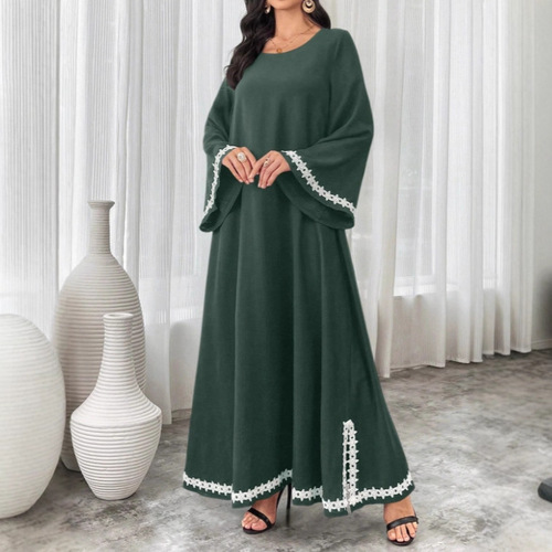 Middle Eastern-style hot-selling patchwork white lace V-neck split maxi dress