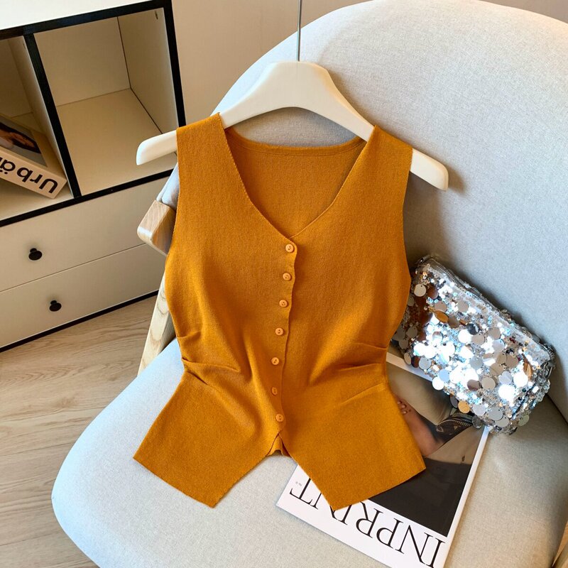 Korean-Style Women's Retro V-Neck Ice Silk Cardigan Outerwear, Summer 2026 New Sleeveless Elegant Slim-Fit Top Korean-Style Women's Retro V-Neck Ice Silk Cardigan Outerwear, Summer 2026 New Sleeveless Elegant Slim-Fit Top