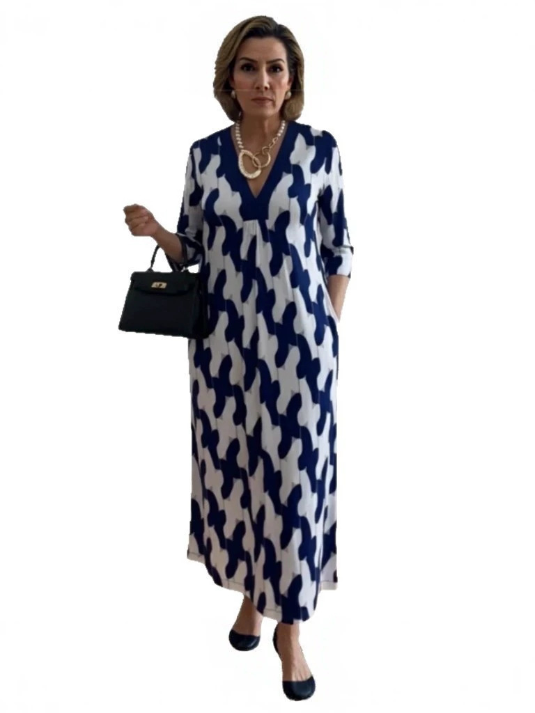 2026 Europa y Estados Unidos transfronterizos primavera y verano nuevo vestido de impresión de cuello en v de mujer suelto y cómodo moda delgada ropa de mujer image 6