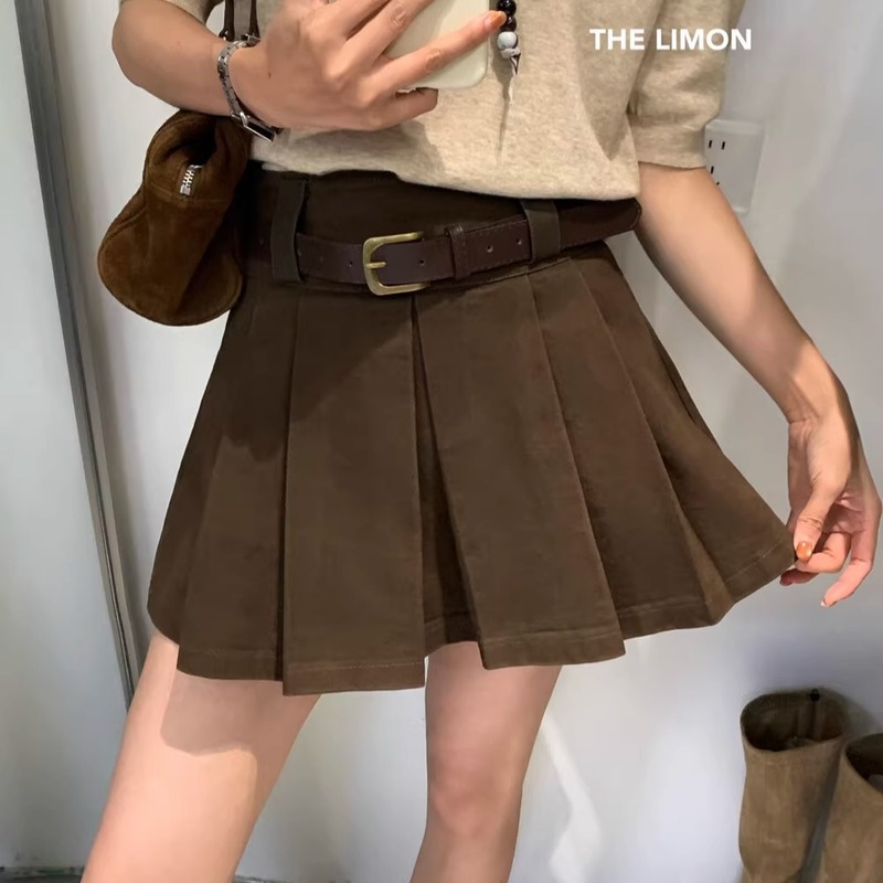 thelimon柠檬绿茶秋季新款韩版高腰显瘦百褶裙女半身裙短裙配腰带|undefined