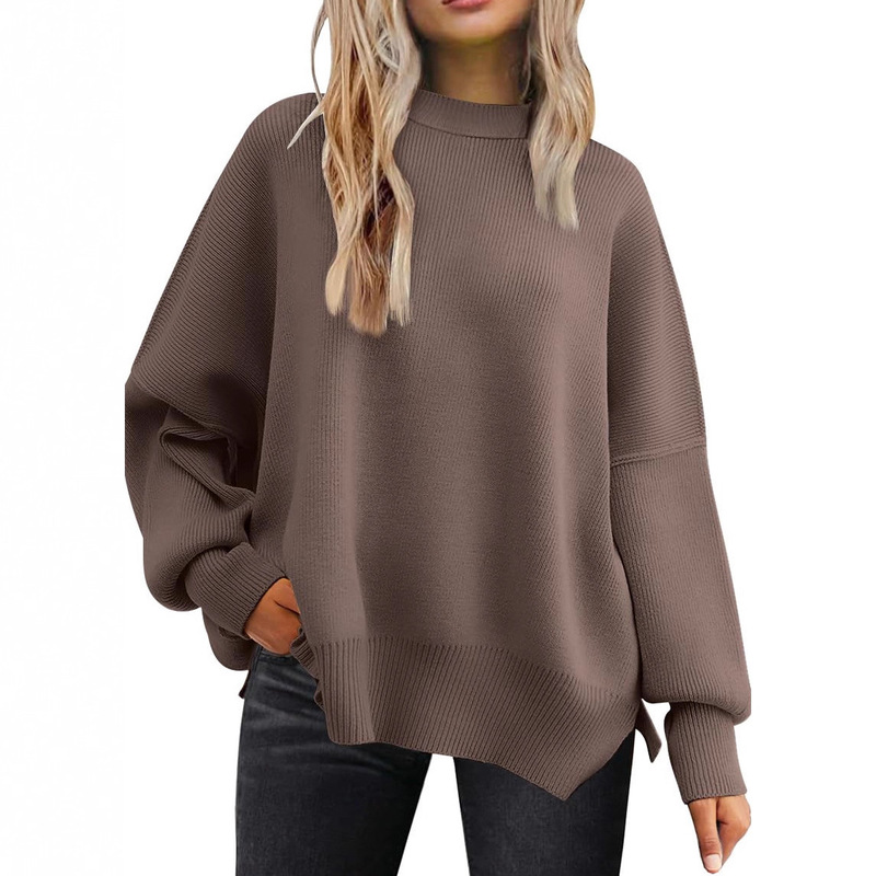 Customized Women's Oversized Batwing Sweater 2025 Autumn Fashion Round Neck Knitted Side Slit Pullover Top