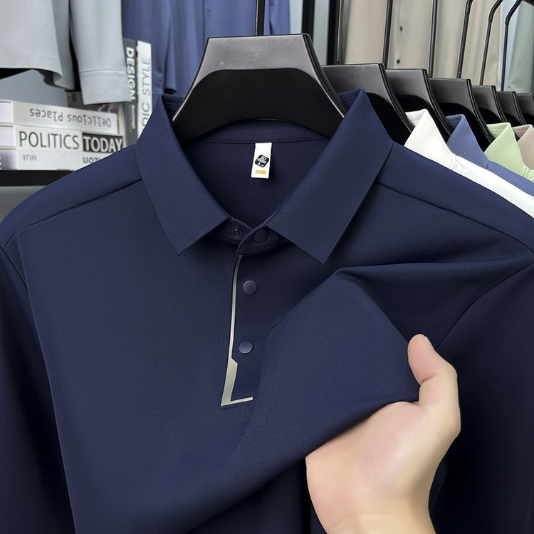 Ice Silk Thin Long-Sleeved Polo Shirt for Men in Spring and Autum Casual Versatile Elastic Anti-Wrinkle No-Iron Middle-Aged Bottoming Shirt for Men