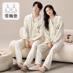 春秋季情侣睡衣女自带胸垫男家居服长袖长裤套装免穿文胸开衫翻领