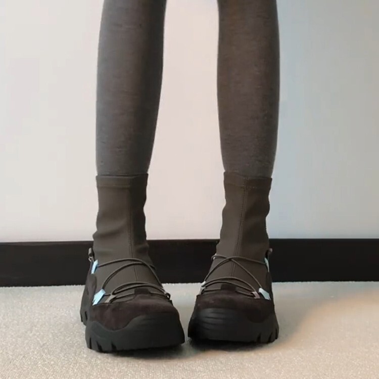 软皮版~复古厚底增高显瘦休闲马丁靴女小众设计感拼接弹力瘦瘦靴|undefined