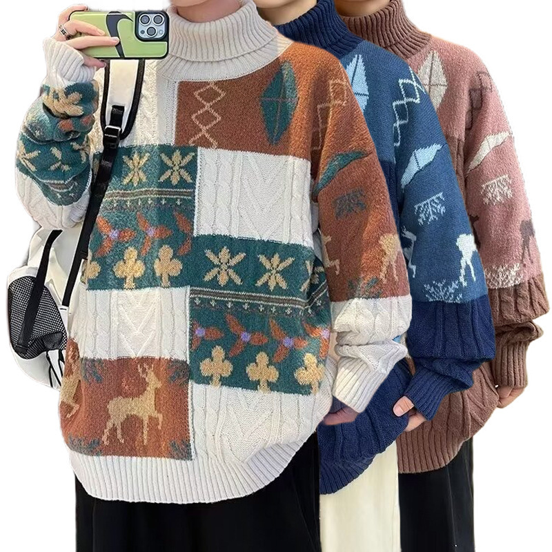 Cross-Border Popular European Size Large Size Spliced ​​Twist Knitwear Men's Turtleneck Christmas Halloween Trendy Factory Wholesale
