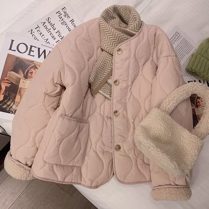 Pink Cashmere Cotton Outwear for Women 2025 Winter New Korean Style Thickeneded Round Neck Cashmere Outwear Cotton Jacket