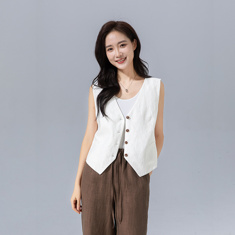 Xinge Linen French Retro Waisted Slimming White V-neck Sleeveless Suit Vest Women's 2025 Summer Short Vest