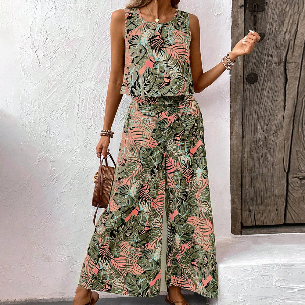 Damen Set Aus Bohemian Top Und Hose Mit Geradem Bein_voghion.com