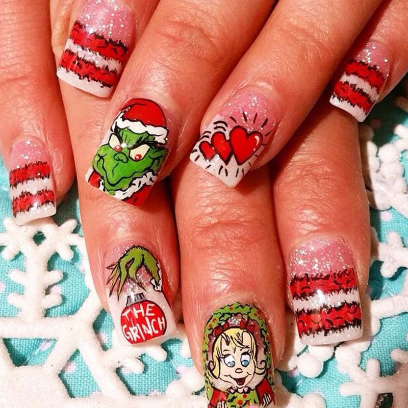 Europe and the United States cross-border hearts Grinch Christmas elements fake nails finished wear armor holiday manicure Europe and the United States cross-border hearts Grinch Christmas elements fake nails finished wear armor holiday manicure