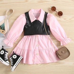 New cross-border women's children's fashion pink stand collar shirt dress black leather clip vest baby girl suit