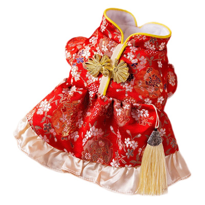Otoño e invierno perro cien flores borlas vestido de traje Tang gato de dos pies año nuevo festivo año nuevo falda ropa para mascotas