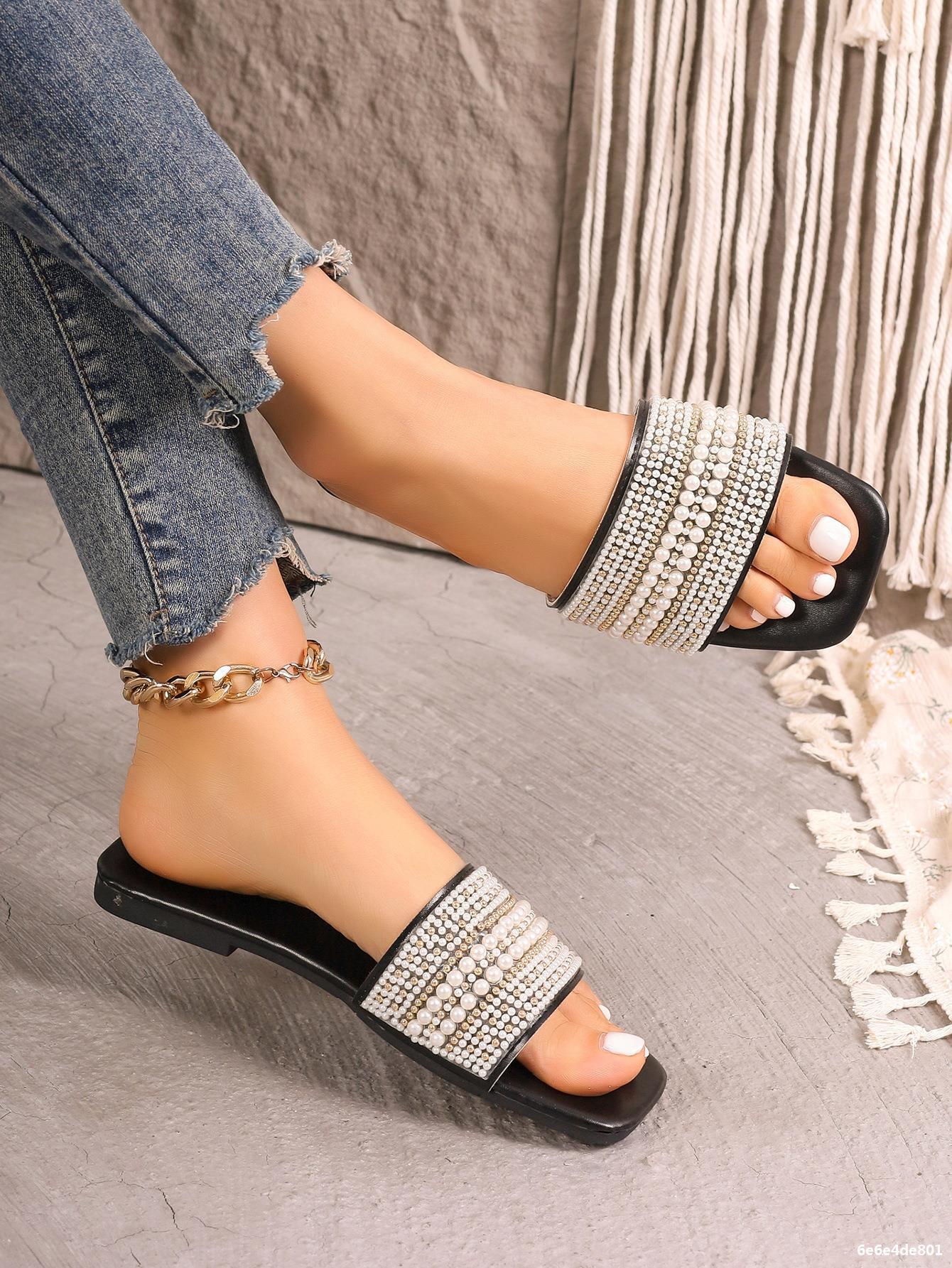 Women's Casual Solid Color Pearls Open Toe Slides Slippers display picture 4